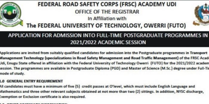 Application For Admission Into Full-Time Postgraduate Programmes In 2021/2022 Academic Session
